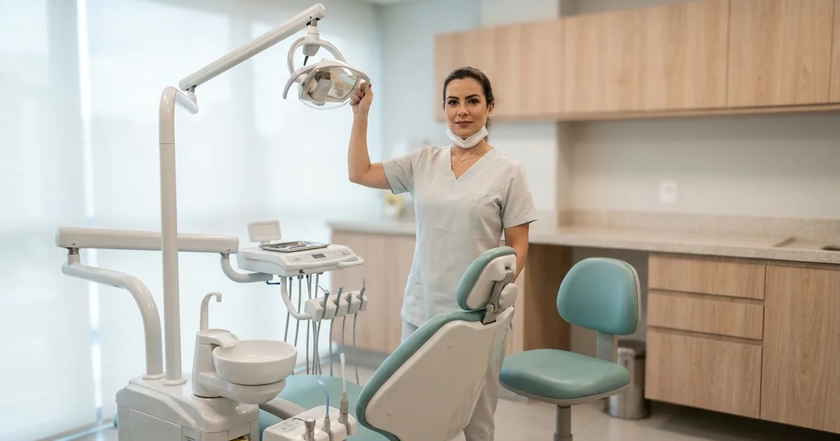 Dentista em clínica odontológica estruturada analisando enquadramento tributário de equiparação hospitalar