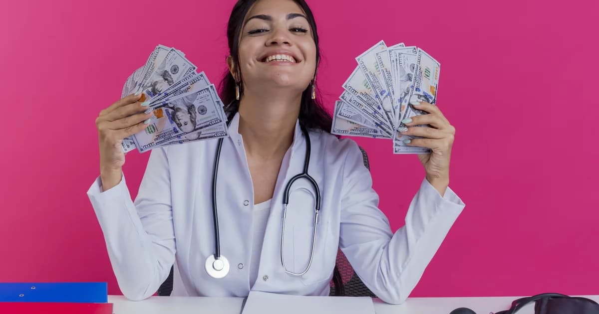 Médica sorrindo com jaleco branco e estetoscópio