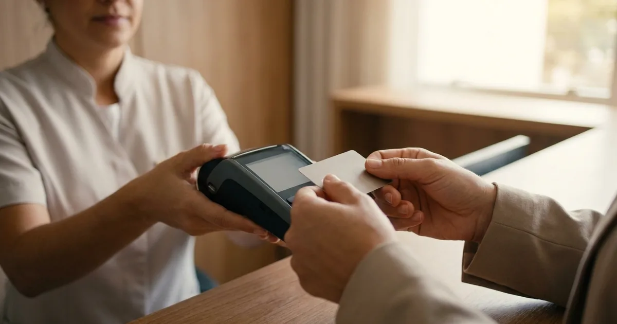 Recepção de clínica médica processando pagamento em maquininha, ilustrando o split payment do IBS e da CBS