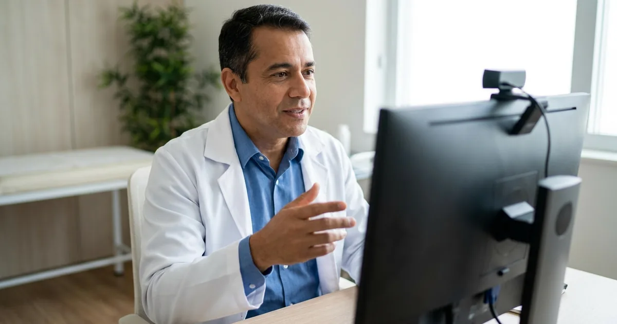 Médico realizando teleconsulta em consultório, ilustrando a tributação da telemedicina para médico PJ