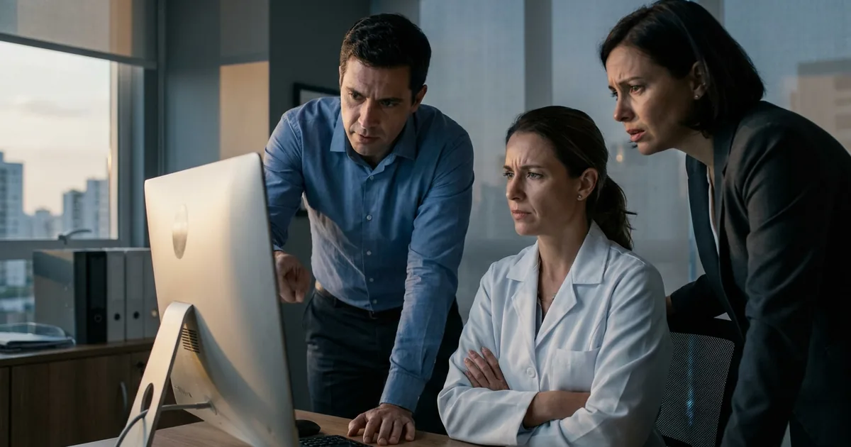 Equipe de clínica médica reunida diante de computador avaliando um incidente de segurança com dados de pacientes