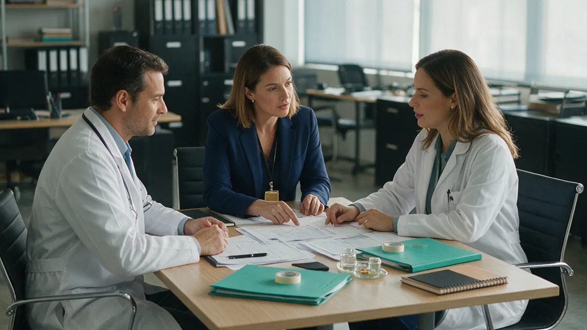 Dois médicos sócios conferindo com a contadora o enquadramento da clínica como sociedade uniprofissional