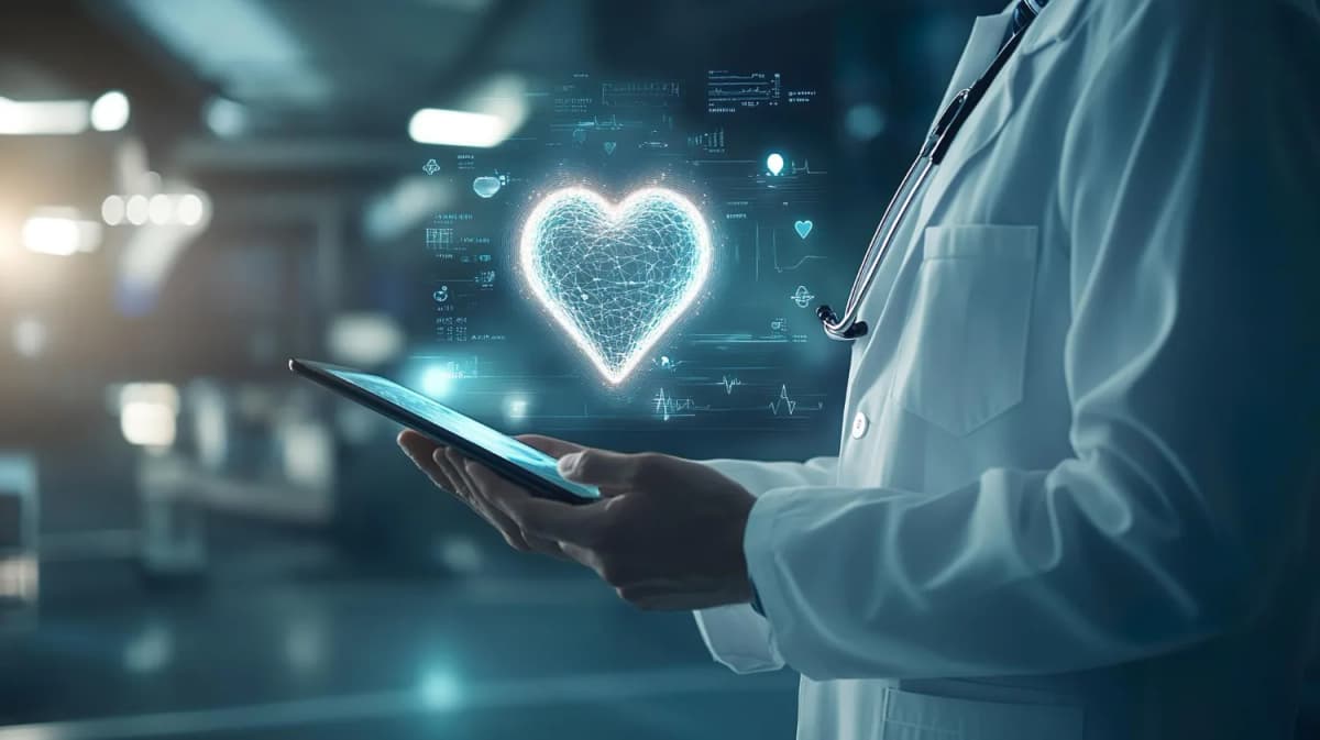 Médico com coração holográfico · Valores PleniHub